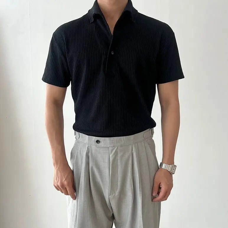 HEARUJOY  -  American Muscle Summer Fitness Suit Men's Elastic Breathable Sports Men's T-shirt Vertical Thread Slim Lapel Short Sleeves