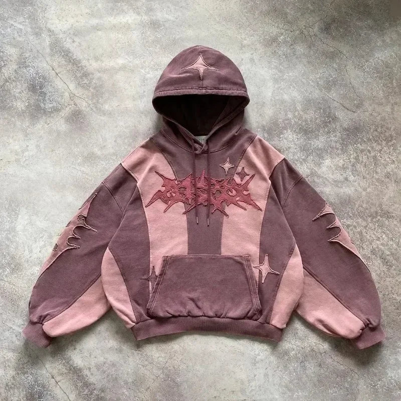 Hearujoy Y2K New Retro Harajuku Embroidered Hoodie Color blocked Design Trendy Sportswear Street Hip Hop Punk Versatile Loose Street Wear