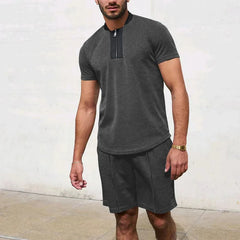 HEARUJOY  -  Men's Tracksuit 2 Piece Set Waffle V-neck Zipper Short Sleeve T Shirt And Shorts Summer Casual Fashion Sport Suit  Man Clothing