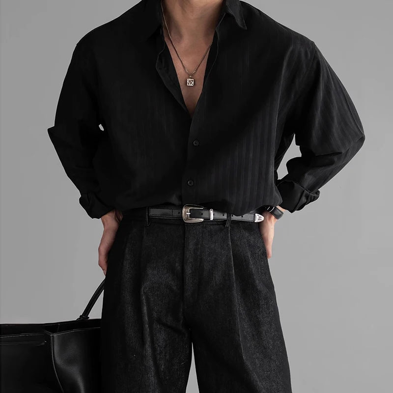 HEARUJOY  -  New Korean Fashion Men Shirts Light Luxury Textured Business Striped Long Sleeve Cardigan Tops Leisure High Quality Blouse M-2XL