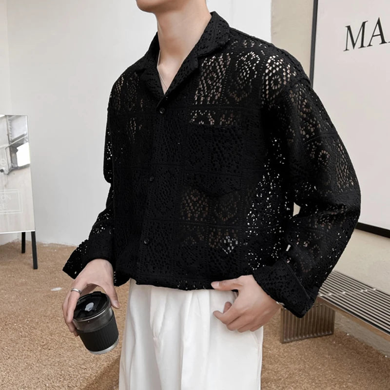 HEARUJOY  -  New Chic Men Hollow Out Cardigan Tops Light Luxury Korean Style Long Sleeve Shirts Casual Retro Solid Color Button-down Blouse
