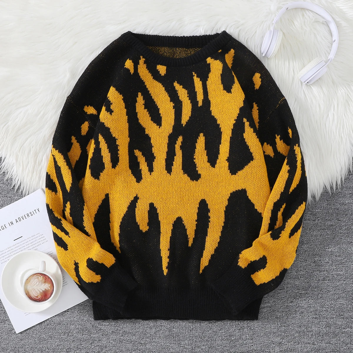 HEARUJOY  -  New Popular Fire Pattern Pullover Ripped Sweater Casual Round Neck Knitted Men's Gift Pullover