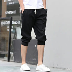 HEARUJOY  -  Summer New Sports Trend Versatile Casual Shorts Men's Solid Elastic Waist Drawstring Pockets Cotton Calf Length Cropped Pants