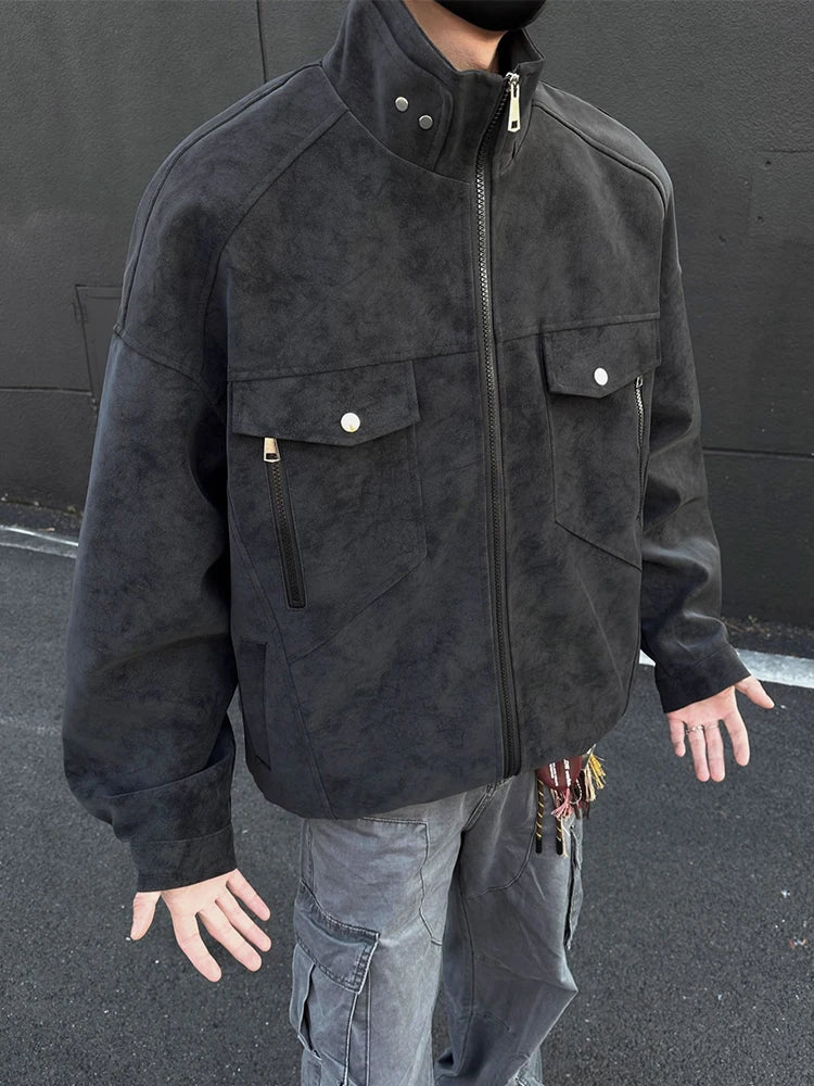 HEARUJOY  -  Vintage Men's Stand Collar Zip-up Jacket Coat Fall Winter New Casual Multi Pockets Cargo Jackets For Men Fashion Cardigan Tops