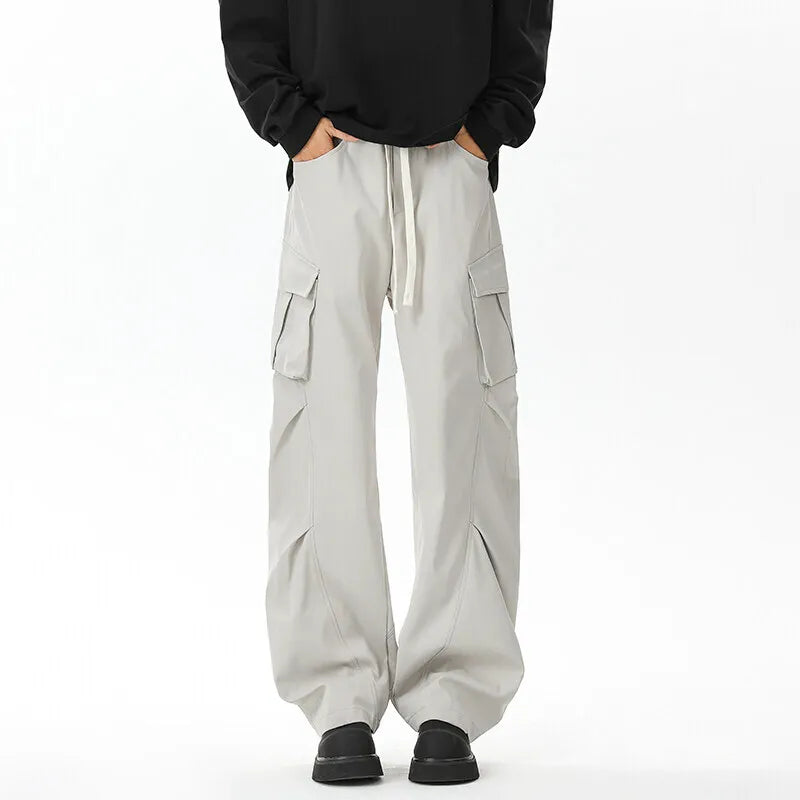 HEARUJOY  -  Pocket Casual Pants Men Retro Black Cargo Pants Men Japanese Streetwear Hip-hop Loose Straight Pants Mens Vintage Trousers
