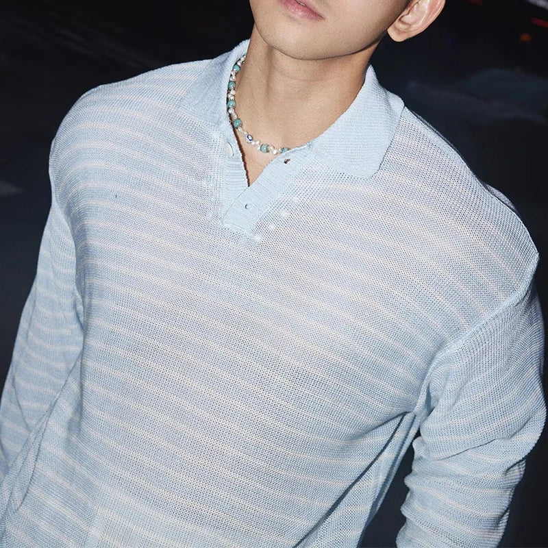 HEARUJOY  -  Stylish Striped Textured Polo Shirts Mens Vintage Hollow Out Knitted Tops Men Spring Autumn Casual Breathable Knitting Pullover