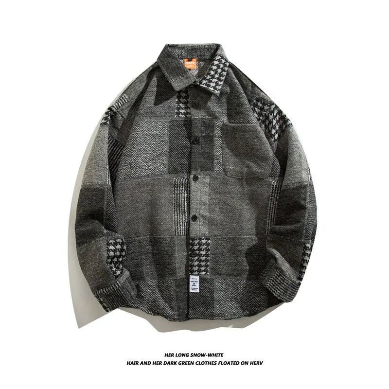 HEARUJOY  -  Japanese Retro Woolen Plaid Shirt For Men Autumn Winter Long Sleeved Top Fashion Vintage Shirts Coat Trendy Clothing Streetwear