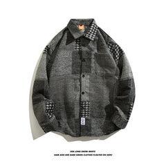 HEARUJOY  -  Japanese Retro Woolen Plaid Shirt For Men Autumn Winter Long Sleeved Top Fashion Vintage Shirts Coat Trendy Clothing Streetwear