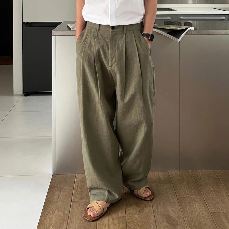 HEARUJOY  -  Men's Korean Light Luxury Draped Linen Wide Leg Pants Leisure Button-down Solid Color Straight Premium Elegant Sweatpants M-3XL