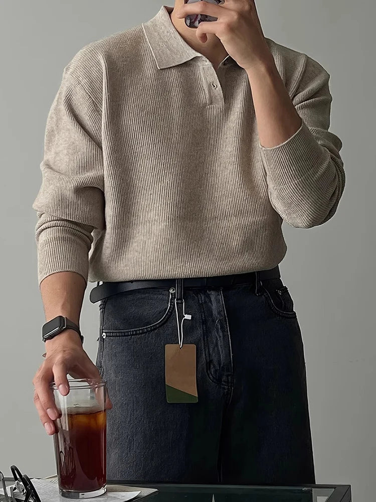 HEARUJOY  -  Spring Autumn Casual Knitting Men Polo Shirts Long Sleeve Slim Fit Elastic Knit Jumper Tops Men's Stylish Solid Color Polo Shirt