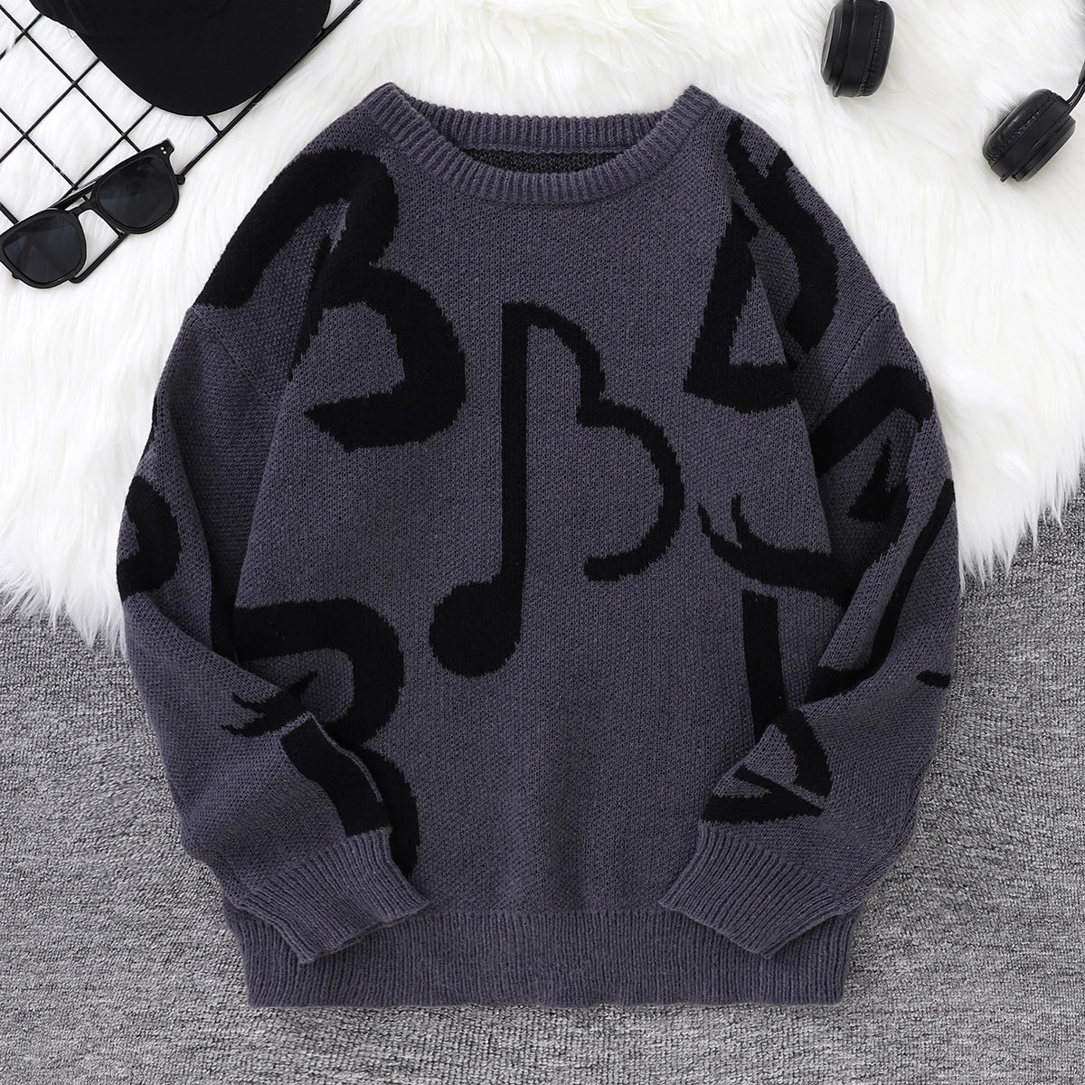 HEARUJOY  -  New Popular Autumn and Winter Letter Note Jacquard Pattern Pullover Sweater Casual Round Neck Contrast Color Knitted Men's Pullover
