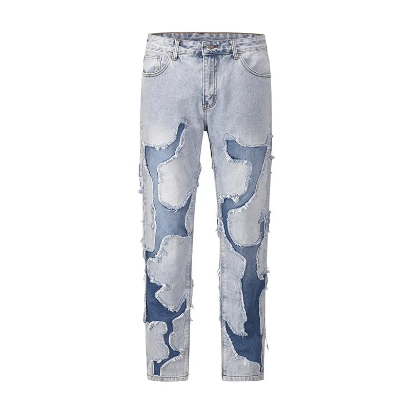 Hearujoy Streetwear Swag Style Blue Frayed Jeans Pants for Men Retro Washed Ripped Casual Tapered Denim Trousers Slim Fit Y2k Jean Male