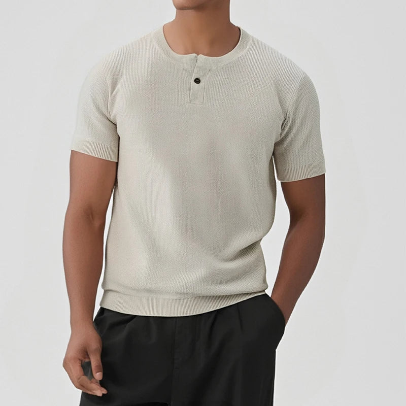 HEARUJOY  -  Vintage Men's Henley Neck Knit T Shirts Summer Casual Breathable Slim Fit Elastic Knitted Tee Men Fashion Short Sleeve Pullovers
