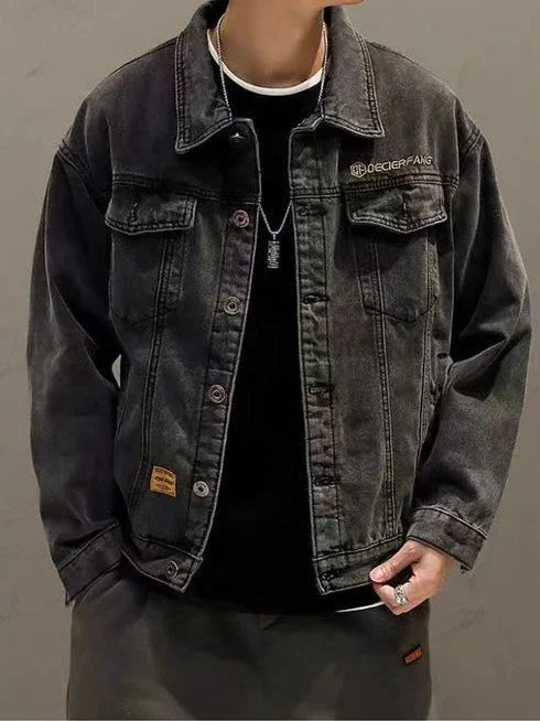 HEARUJOY  -  Black Padding with Embroidery Jeans Coat for Men Warm Wool Sheep Denim Jackets Man Padded Blue Washed Worn One Piece G Casual