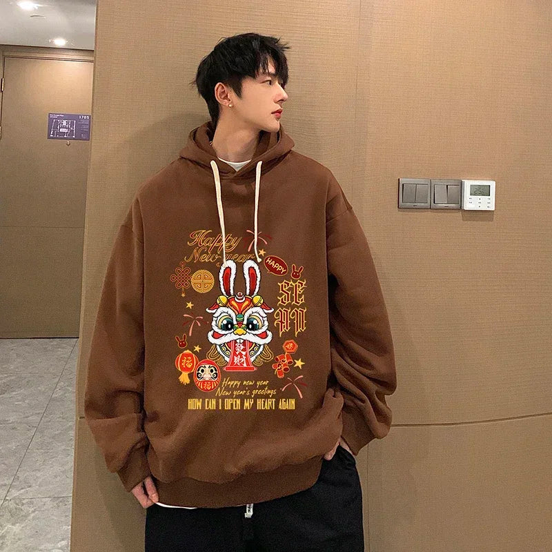 HEARUJOY  -  Men's Oversized Hoodie Off White Rabbit Print Hoodies with Hat Over Size for Men 5XL Man Hoody Casual Wear Male Sweatshirt
