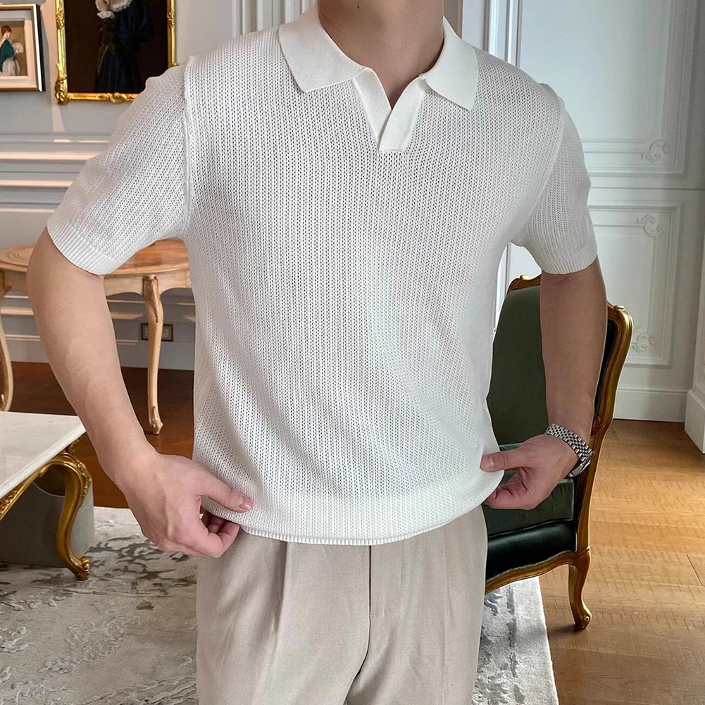 HEARUJOY  -  Casual Outings Short Sleeve Knitted Top Loose Fit Short Sleeve Top Fashion Male Clothing Slight Stretch Fabric
