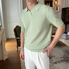 HEARUJOY  -  New Fashion Business Tops Men's Polo Shirt Light Luxury Leisure Knitted V Neck T-shirts for Man Korean Popular Short Sleeve Tees