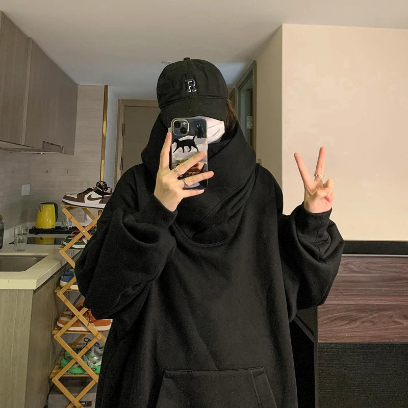 Hearujoy Harajuku High Collar Loose Hoodie Spring Hip Hop Sweatshirt Hooded Baggy Fashion Streetwear Black/Gray Long Sleeve Men Hoodies