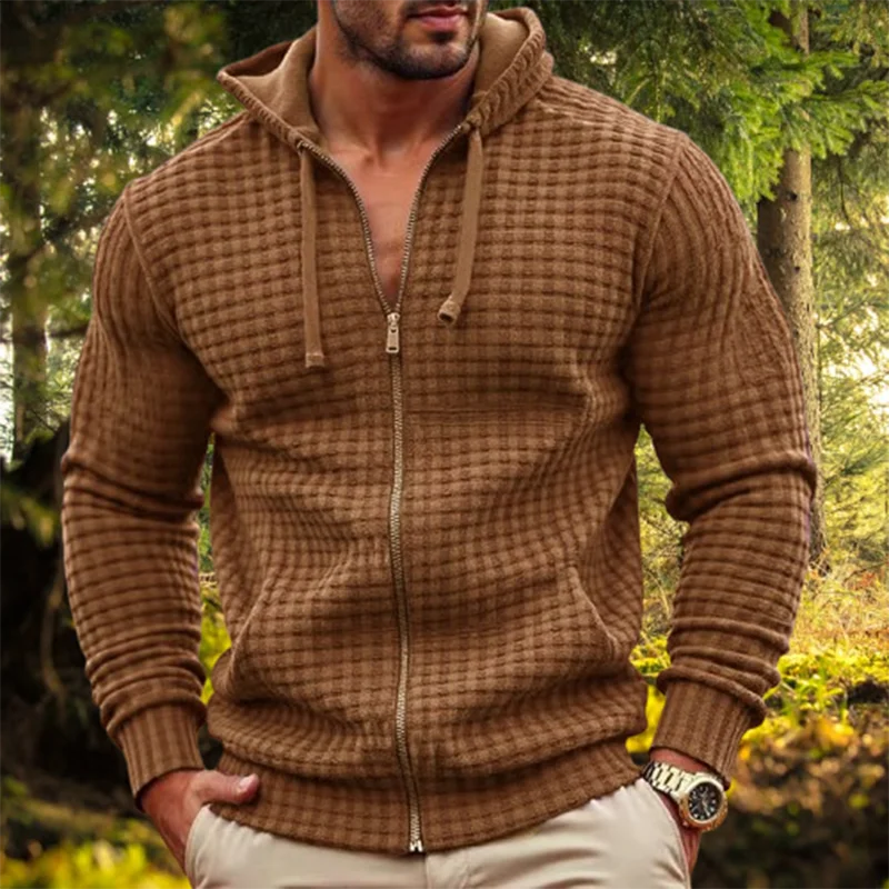 HEARUJOY  -  Stylish Loose Cardigan Tops Men Autumn Daily Casual Plaid Texture Zip-up Hooded Jackets For Mens Vintage Long Sleeve Jacket Coat