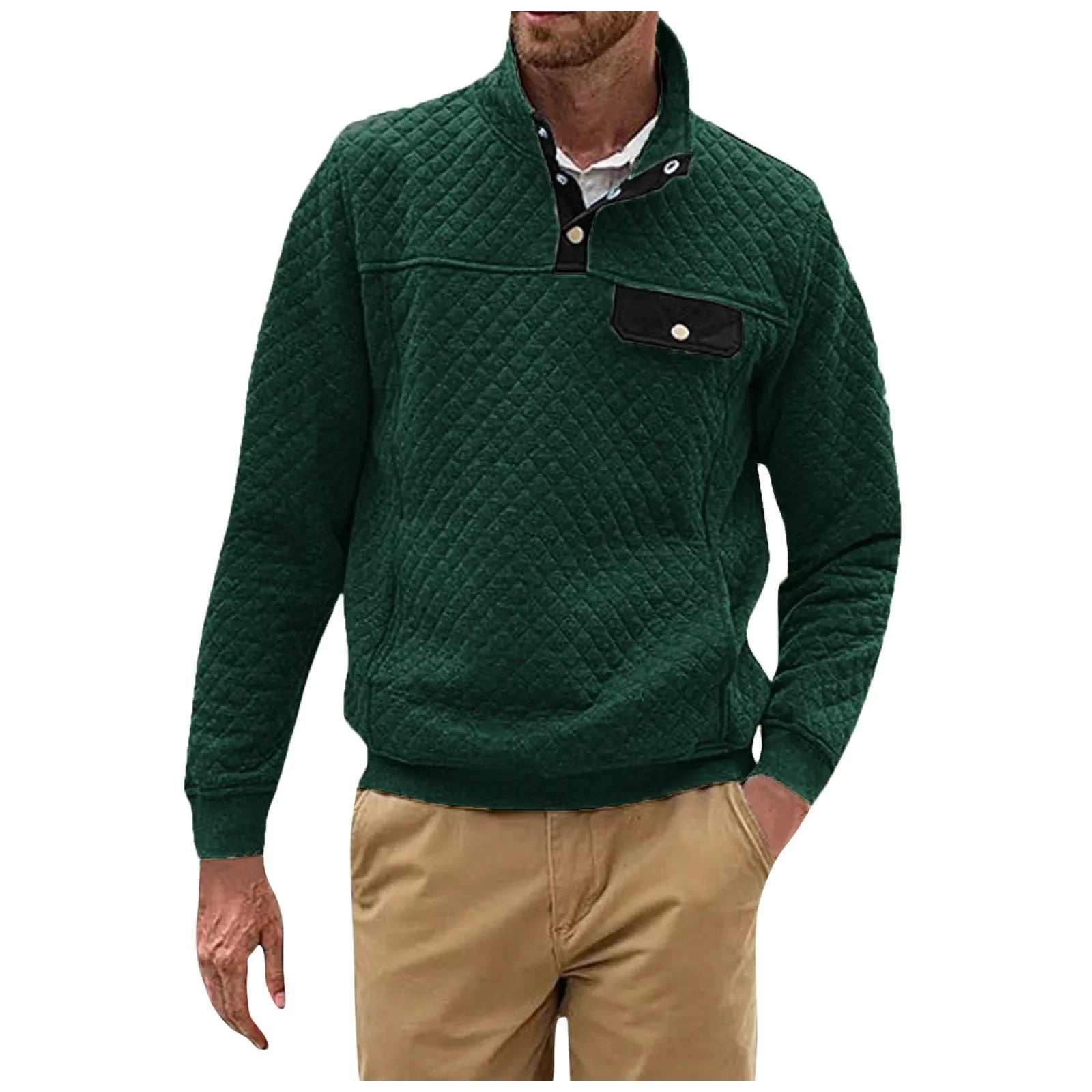HEARUJOY  -  Men's Spring and Fall Quilted Sweatshirt Casual Long Sleeve Outdoor Stand Collar Button Pullover Sweatshirt