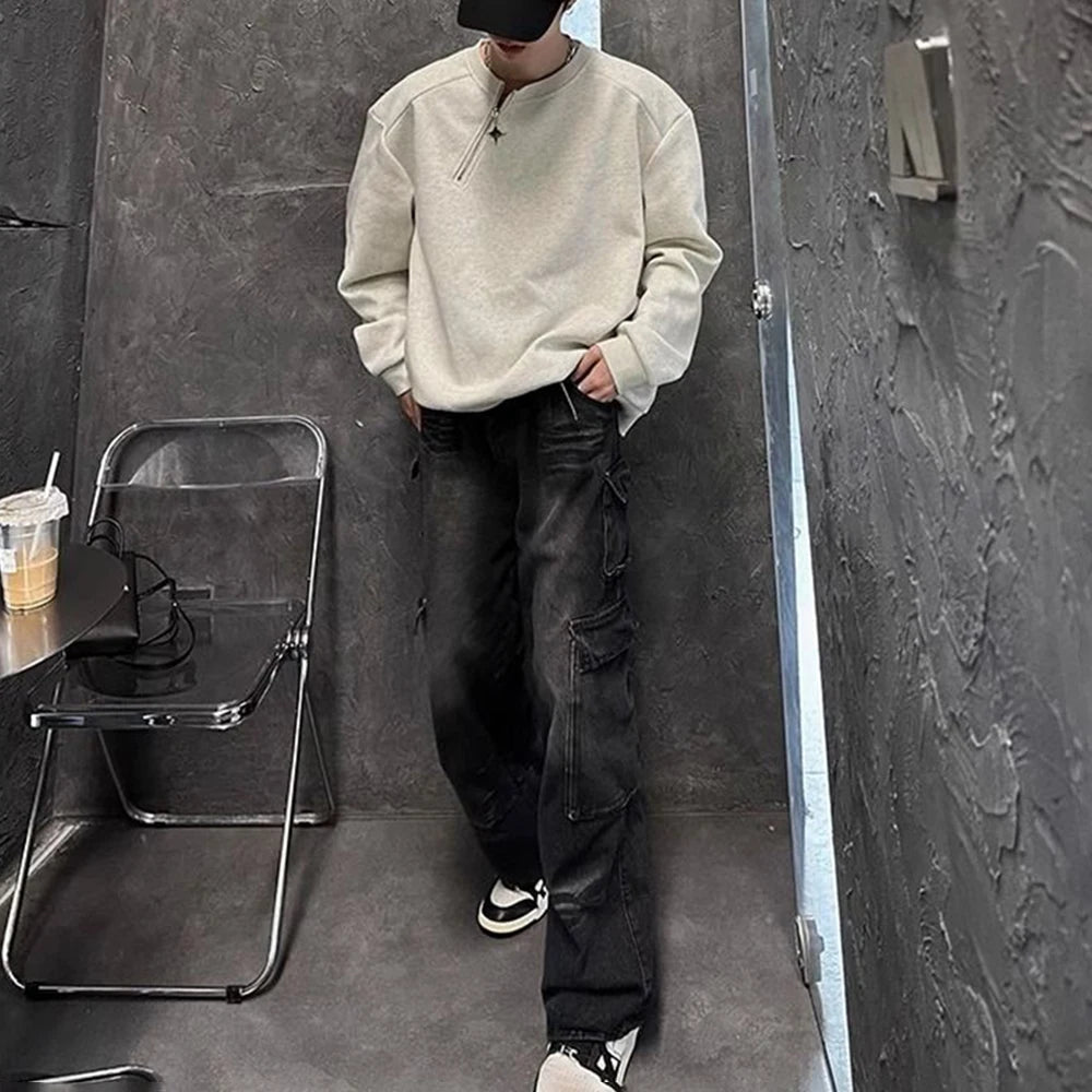 HEARUJOY  -  Men Sweatshirt Side Zip Casual Tshirt Autumn Streetwear Fashion Trend Youth All-Match Daily Long-Sleeved Top Male Men'S Clothing