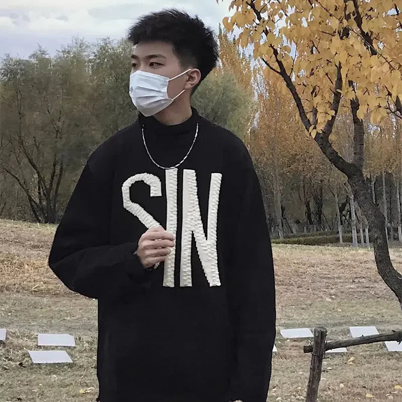 HEARUJOY  -  Man Clothes Knitted Sweaters for Men Black High Collar Graphic Pullovers Turtleneck Clothing Tops Winter T Shirt X S Fun A