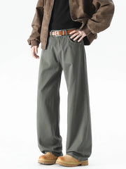 HEARUJOY  -  Korean Style Men’s Casual Pants for Spring Summer 100% Cotton Elastic Waist Solid Color Wide Leg Slacks Loose Straight Trousers