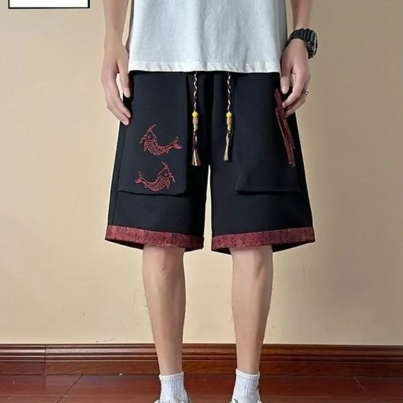 HEARUJOY  -  Long Button Bermuda with Pockets Short Pants for Men Elastic Waist Wide Half Khaki Loose Mens Cargo Shorts Draw String Baggy Y2k