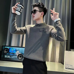 Hearujoy Men Clothing Autumn Winter Korean Fashion Striped Basic Knitted Sweater Casual Polo Collar Long Sleeve Slim Pullover Tops Jumper