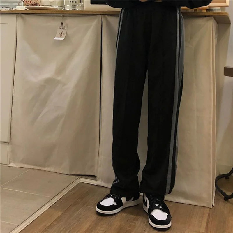 Hearujoy Fashion Preppy Style Loose Student Striped Sports Casual Straight Pants Men Elastic Waist Drawstring Pocket Wide Leg Trousers