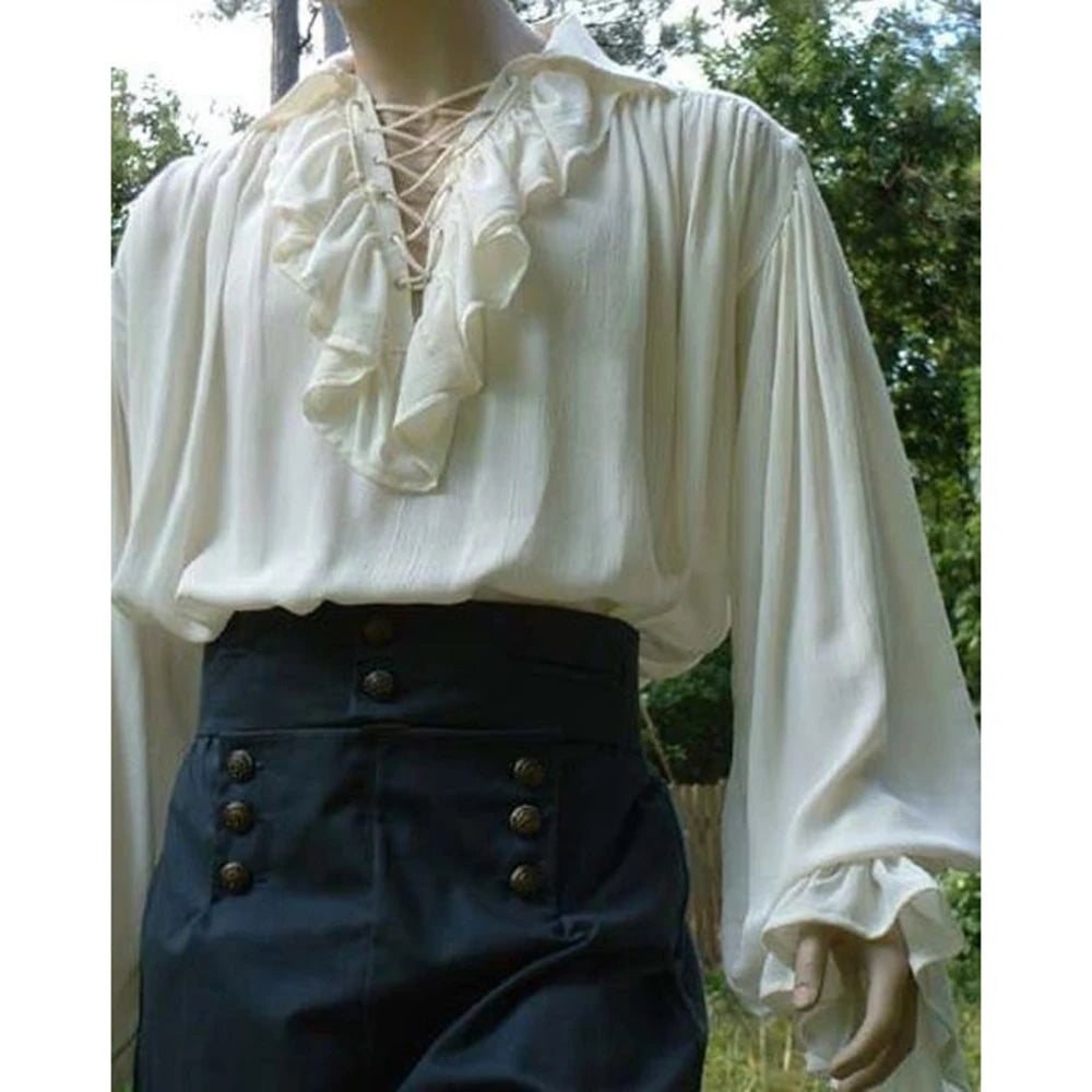 Hearujoy Mens Renaissance Costume Ruffled Long Sleeve Lace Up Medieval Steampunk Pirate Shirt Cosplay Prince Drama Stage Costume Tops