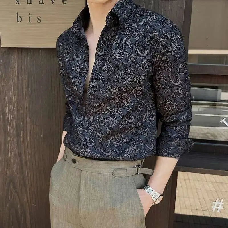 Hearujoy Personalized Printed Shirt Long Sleeved Thin Casual British Style Gentleman and Yuppie Commuting Shirt