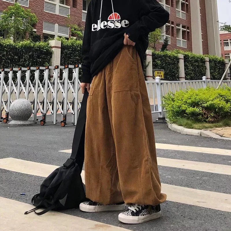 Hearujoy Brown Black Corduroy Pants Men Fashion Retro Oversized Casual Pants Men Streetwear Loose Hip-hop Wide-leg Pants Mens Trousers