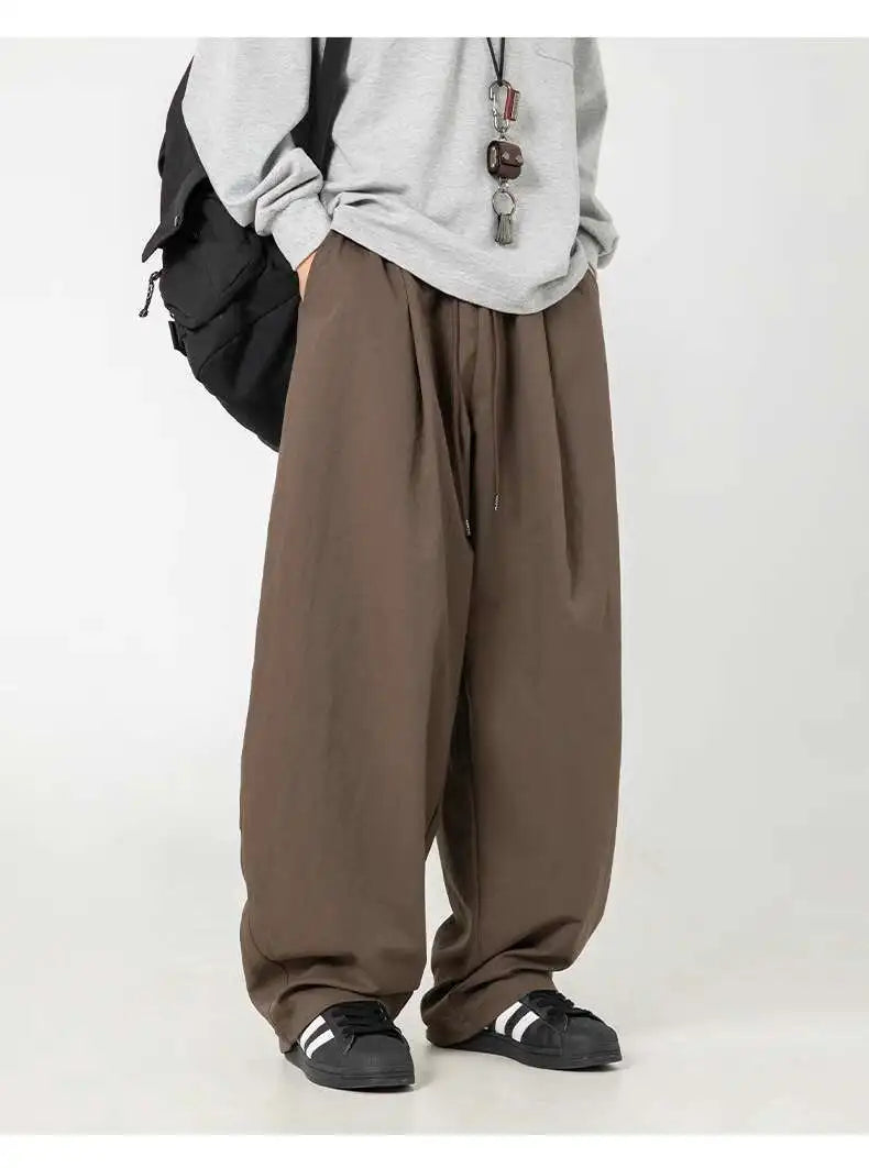 HEARUJOY  -  Pleated Design Men Casual Trousers Solid Color Drawstring Summer Korean Style Elastic Waist Straight Leg Male Pants 9W3495