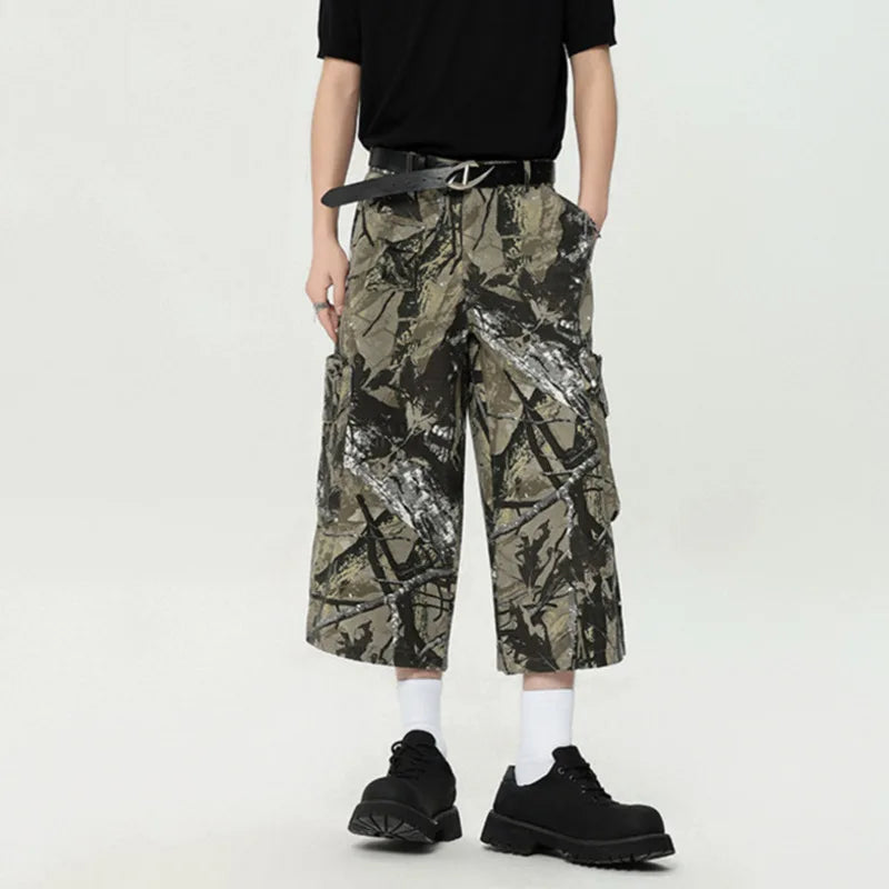 Hearujoy American Style Men Graffiti Cropped Trousers Summer Fashion Casual  Straight Wide Leg Male Shorts Camouflage Color 9C6630