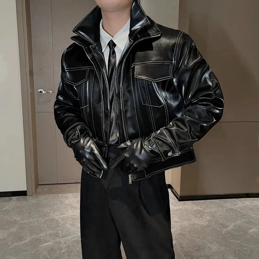 Hearujoy Mens Motorcyclist Topstitch Warm Fake Two-Piece Pu Leather Jacket Genderless Fashion Trend Short Leather Jacket Unisex