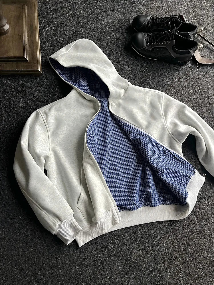 HEARUJOY  -  Stylish Plaid Printing Hooded Sweatshirts Men Spring Autumn Outdoor Fashion Zip-up Hoodie Jackets Mens Streetwear Y2K Cardigans