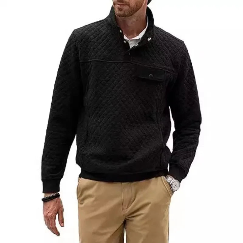 HEARUJOY  -  Men's Spring and Fall Quilted Sweatshirt Casual Long Sleeve Outdoor Stand Collar Button Pullover Sweatshirt