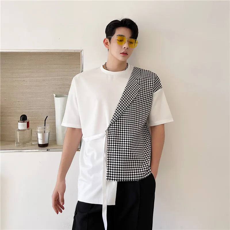 Hearujoy Korean Summer Men's Wear Fake Two Pieces Contrast Color Patchwork Suit Collar Casual T Shirt Sleeve Men's Collar Tee Tops