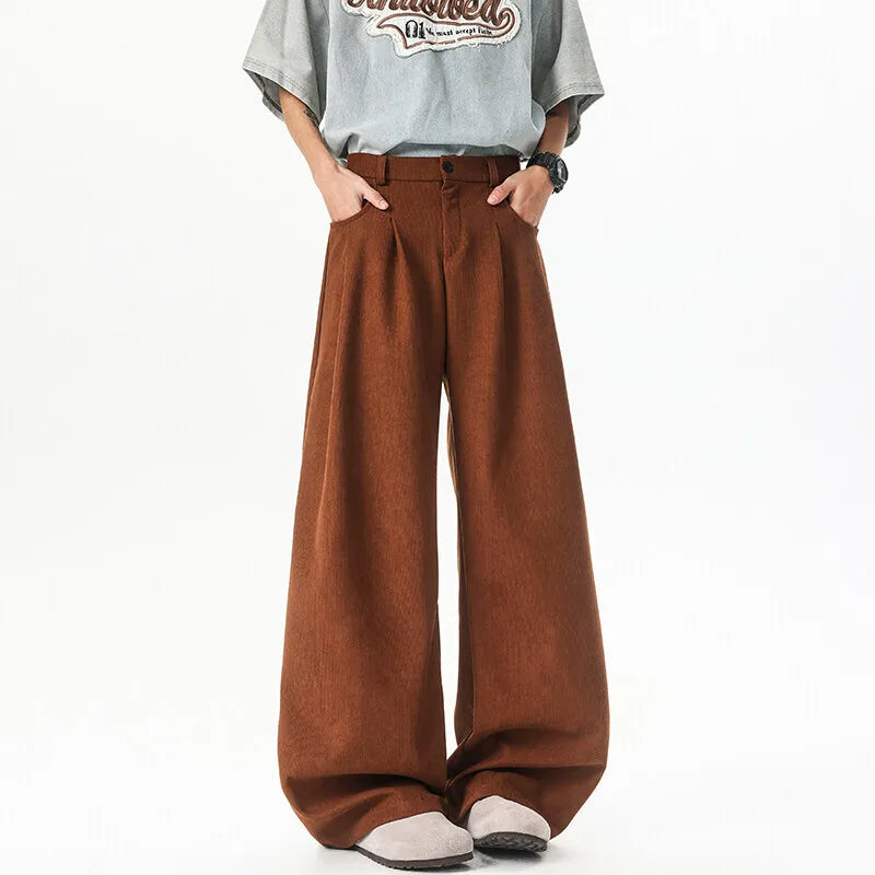 HEARUJOY  -  Corduroy Pants Men Oversized Fashion Black Casual Wide Leg Pants Men Streetwear Korean Loose Corduroy Suit Pants Mens Trousers