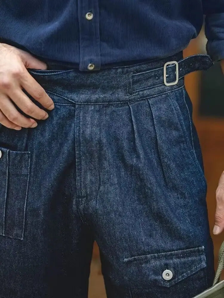 HEARUJOY  -  High Street Men Gurkha Jeans Cargo Pants Adjustable Waist Buckle Naples Trousers American Vintage Casual Loose Denim Pants