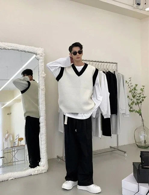 HEARUJOY  -  White Striped Knitted Sweaters For Men Vest V Neck Man Clothes Sleeveless Waistcoat Thick Winter Old Cotton Wholesale Sale S
