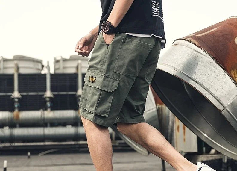 HEARUJOY  -  Oversize Wide Multi Pocket Loose Baggy Short Pants for Men Solid Big Size Elastic Waist Mens Cargo Shorts Hevy Whate Cotton Tall