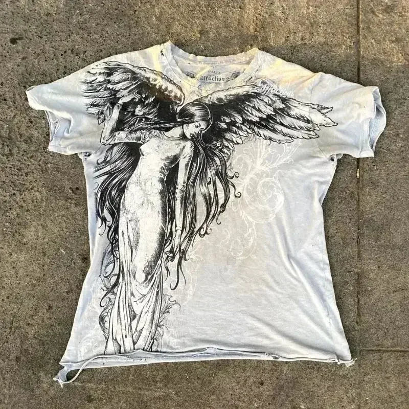 Hearujoy American New Double-Sided Oversized Printed T-shirt Y2K Retro Gothic Pure Cotton Short Sleeve Men Street Hip-Hop Trend Loose Top