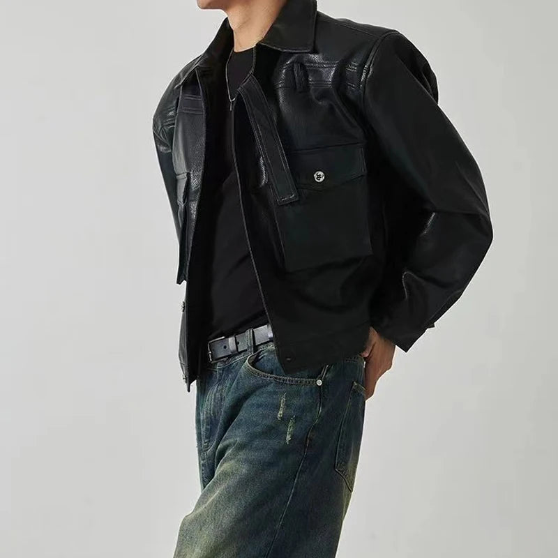 HEARUJOY  -  Shoulder Pad Design Jacket For Men Spring Autumn Fashion Slim Fit Biker Leather Coats Motorcycle PU Leather Jackets Streetwear