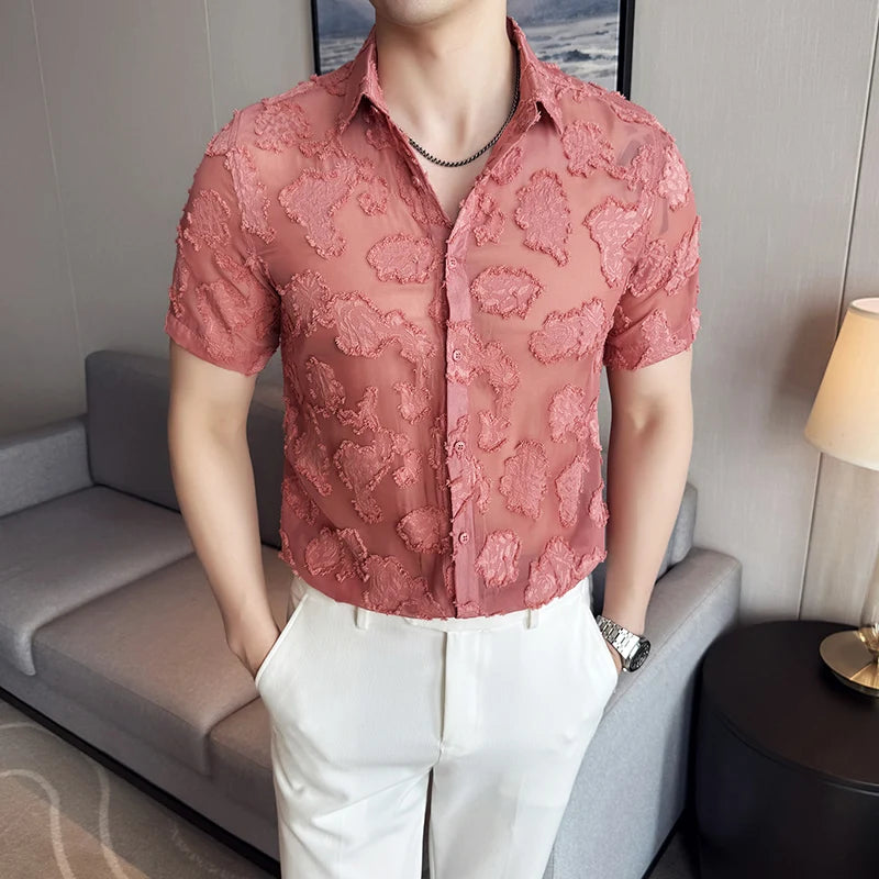 HEARUJOY  -  Summer Mens Mesh Lace Short Sleeve Shirt Men Streetwear Hollow-Out Dance Shirts Male Nightclub Disco White Shirts Tops
