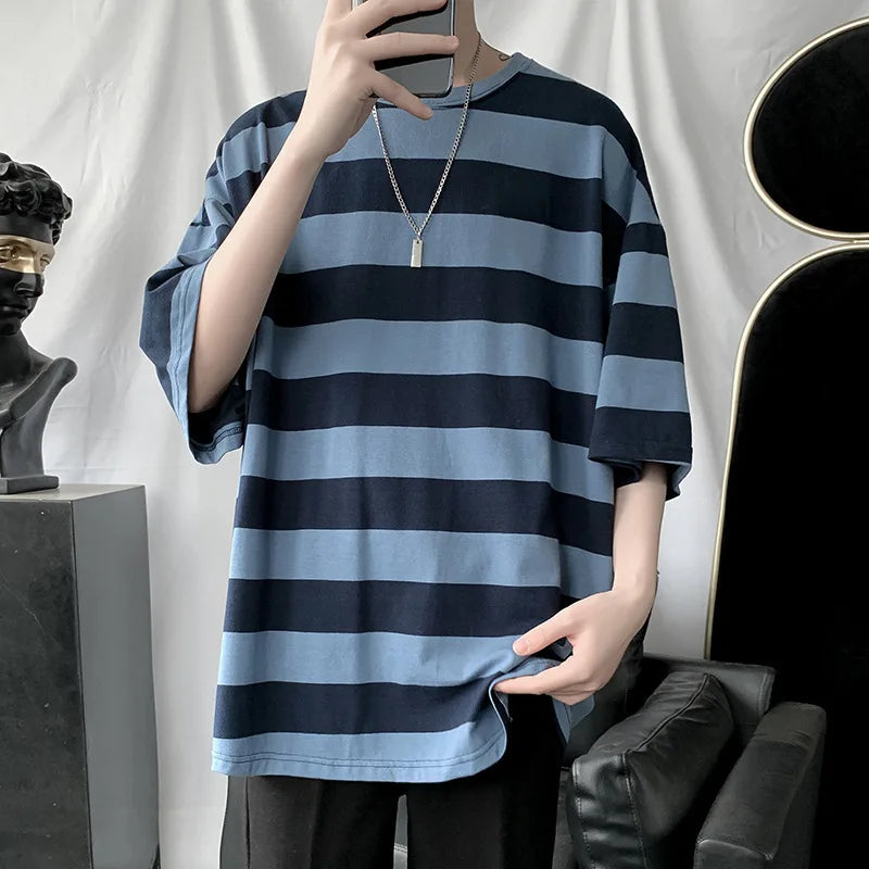 Hearujoy Striped Short Sleeve Tee Men Graphic Ice Slik T-shirts Male Harajuku Green Tops Casual Pullover Korean Streetwear