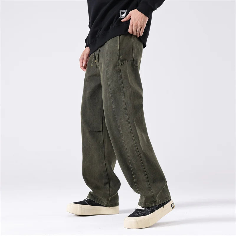 HEARUJOY  -  Men Vintage Washed Cotton Cargo Multi-pocket High Street Distressed Straight Tube Loose Wide-leg Workwear Trousers