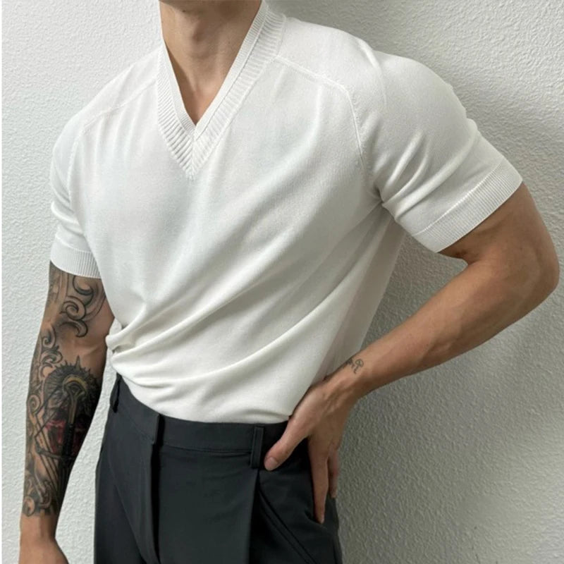HEARUJOY  -  Men's Clothing Light Luxury Knit V Neck Short-sleeved T Shirt Solid Color Leisure Korean Popular Streetwear Retro Knitwear M-3XL