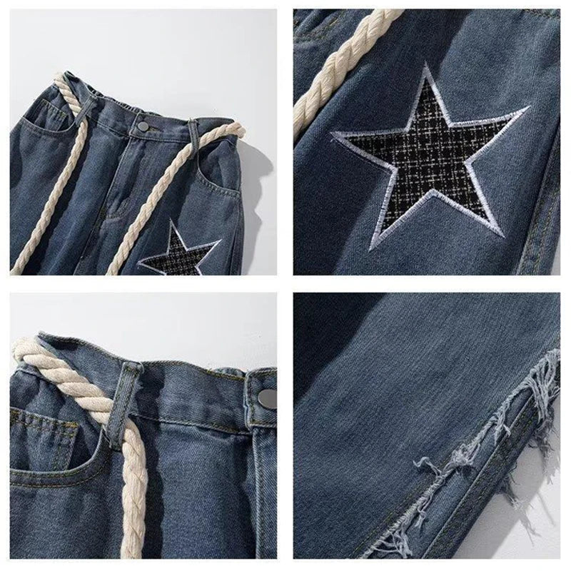 Hearujoy Y2K Jeans Men Embroidery Denim Pants Star Print Wide Leg Trousers Male American Streetwear Hip Hop Casual Patchwear